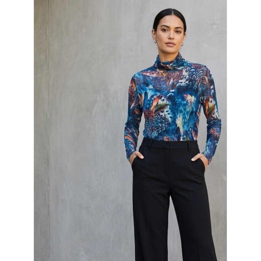Wynne Layers Abstract Mesh Print Mock Neck Long Sleeve Top Blue XL